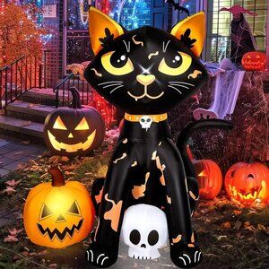 CAMULAND 1.5M Halloween Inflatable Black Cat With Pumpkin Blow Up Yard Decor